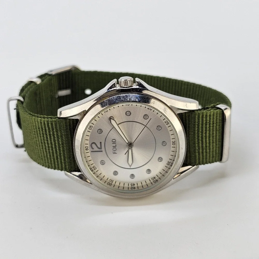 Folio Men's Analog Watch 38MM Gray Dial NEW Army Green Canvas Band NEW Battery